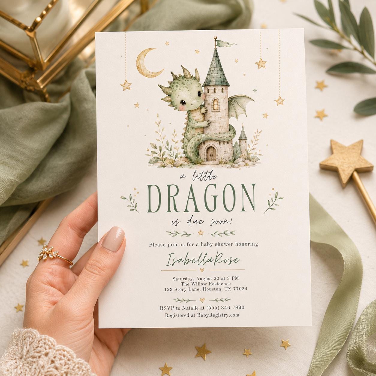 Dragon Baby Shower Invitation, A Little Dragon Is Due Soon Printable Editable Canva Template - Image 6