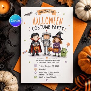 Halloween Costume Party Invitation, Kids Spooky Trick or Treat Invite Printable Editable Canva Template