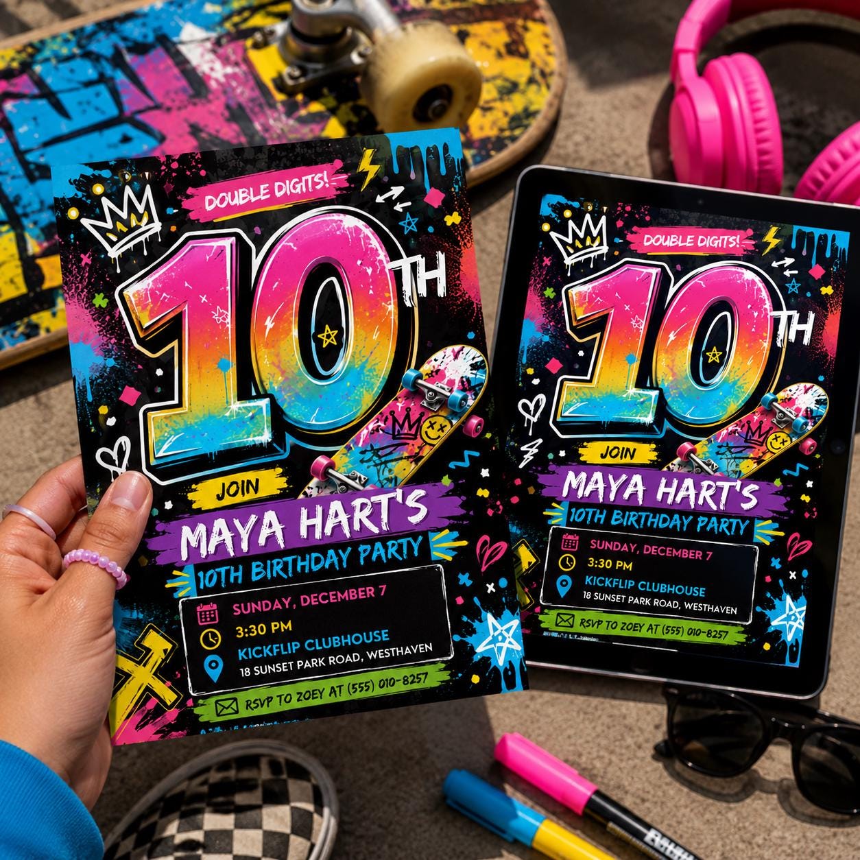 Skateboard 10th Birthday Invitation, Graffiti Double Digits Neon Skate Party Canva Template - Image 3