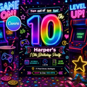 Neon Glow Birthday Invitation, Arcade 10th Party Invite Tween Teen Printable Canva Template