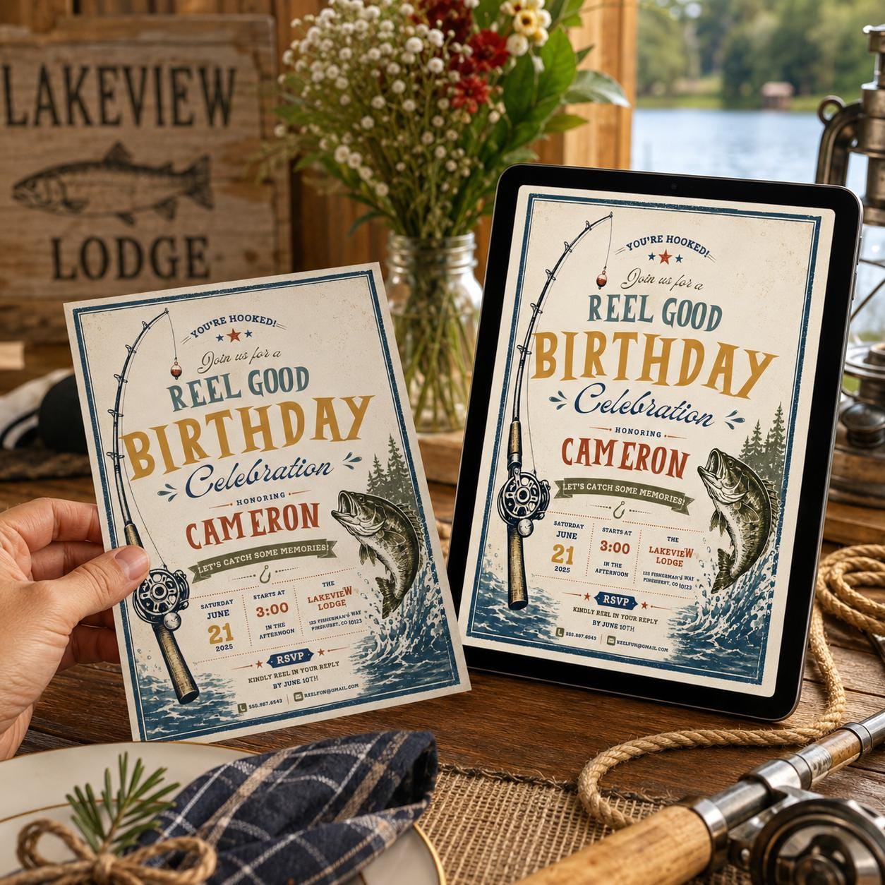 Fishing Birthday Invitation, Reel Good Birthday Party Invite Vintage Printable Editable Canva Template - Image 3