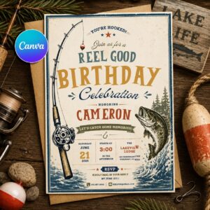 Fishing Birthday Invitation, Reel Good Birthday Party Invite Vintage Printable Editable Canva Template
