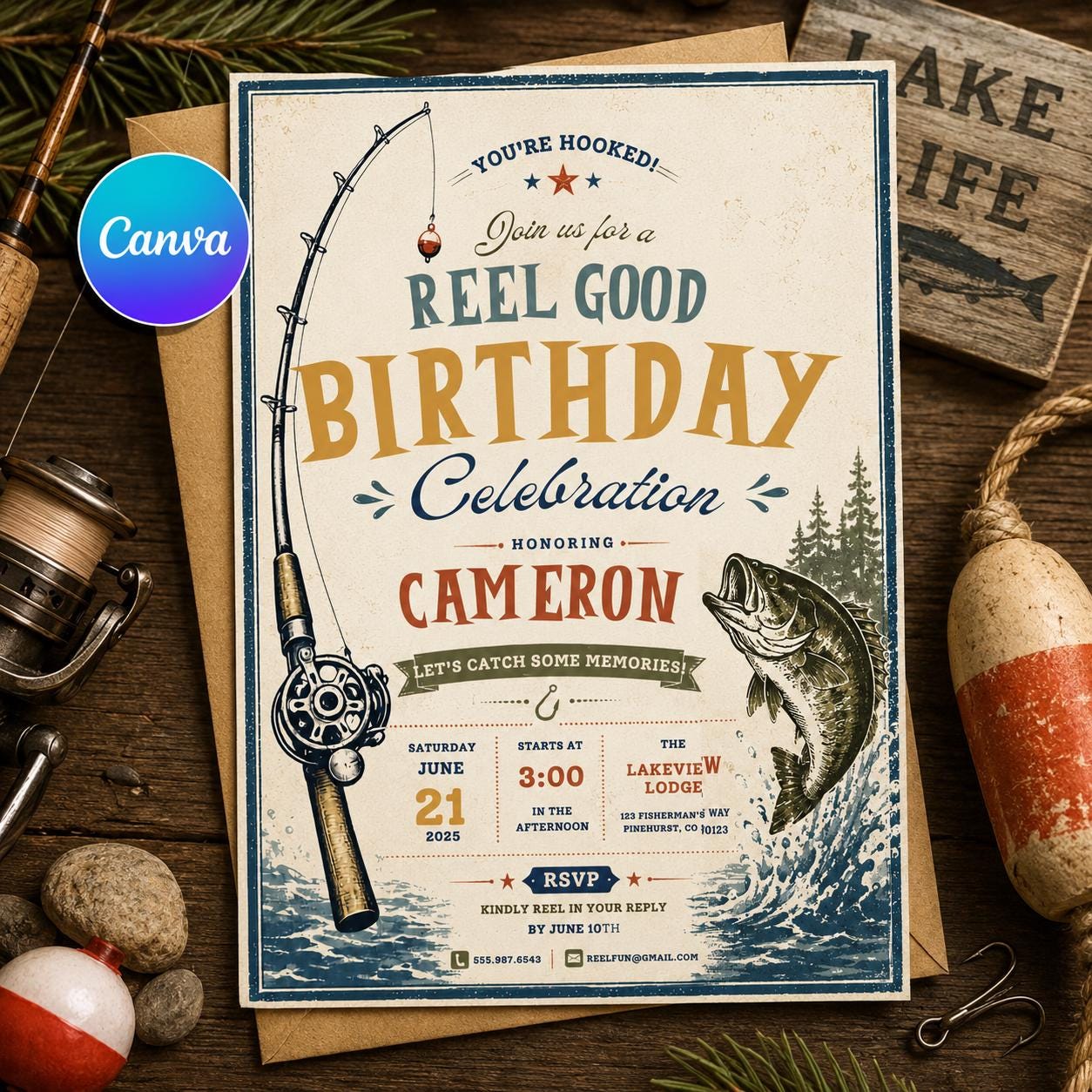 Fishing Birthday Invitation, Reel Good Birthday Party Invite Vintage Printable Editable Canva Template