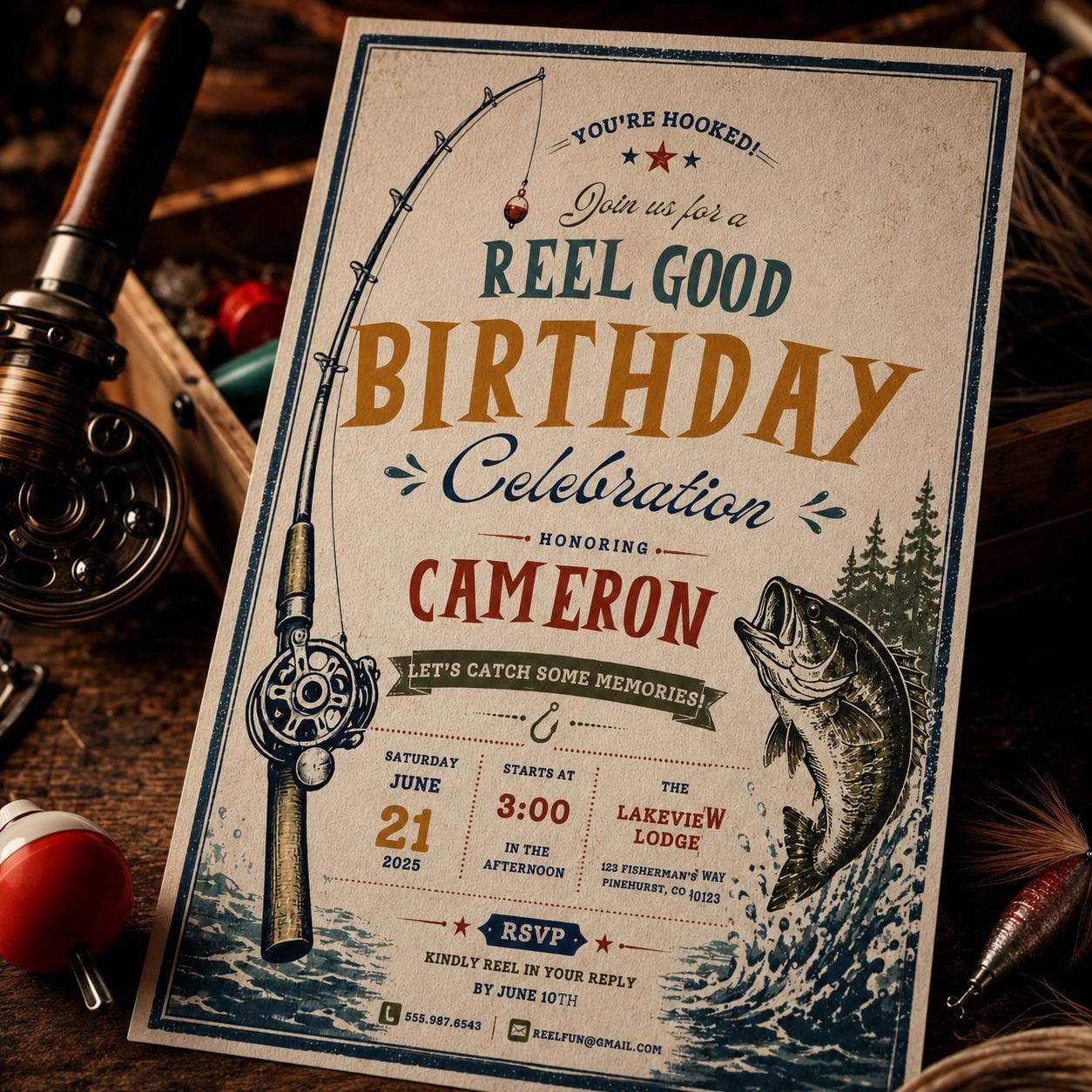 Fishing Birthday Invitation, Reel Good Birthday Party Invite Vintage Printable Editable Canva Template - Image 4
