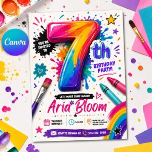 Art Birthday Invitation, Paint Party 7th Birthday Girl Colorful Editable Printable Canva Template