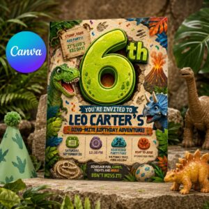 Dinosaur Birthday Invitation, 6th Birthday Boy Dino Party Editable Printable Canva Template