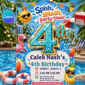 Pool Party Birthday Invitation, 4th Birthday Splash Invite, Summer Swim Editable Printable Canva Template