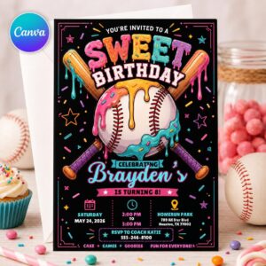 Baseball Birthday Invitation, Sweet Baseball Drip Party Editable Printable Canva Template
