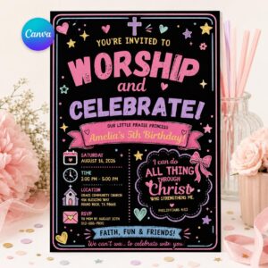 Christian Birthday Invitation, Worship and Celebrate Girl Party Editable Printable Canva Template