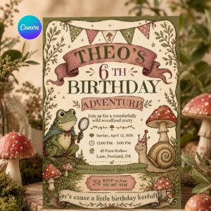 Woodland Birthday Invitation, Frog Cottagecore Party Editable Printable Canva Template
