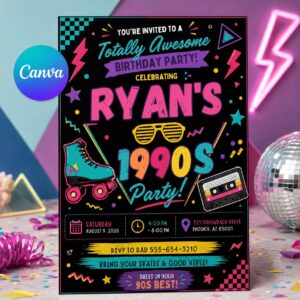 90s Birthday Invitation, Retro Roller Skate Party Editable Printable Canva Template