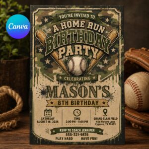 Baseball Birthday Invitation, Camo Home Run Party Editable Printable Canva Template