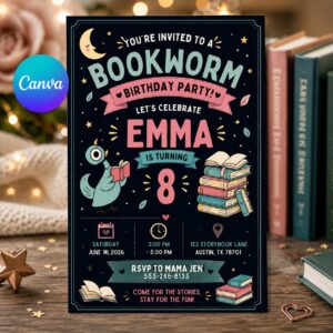 Bookworm Birthday Invitation, Storybook Reading Party Editable Printable Canva Template