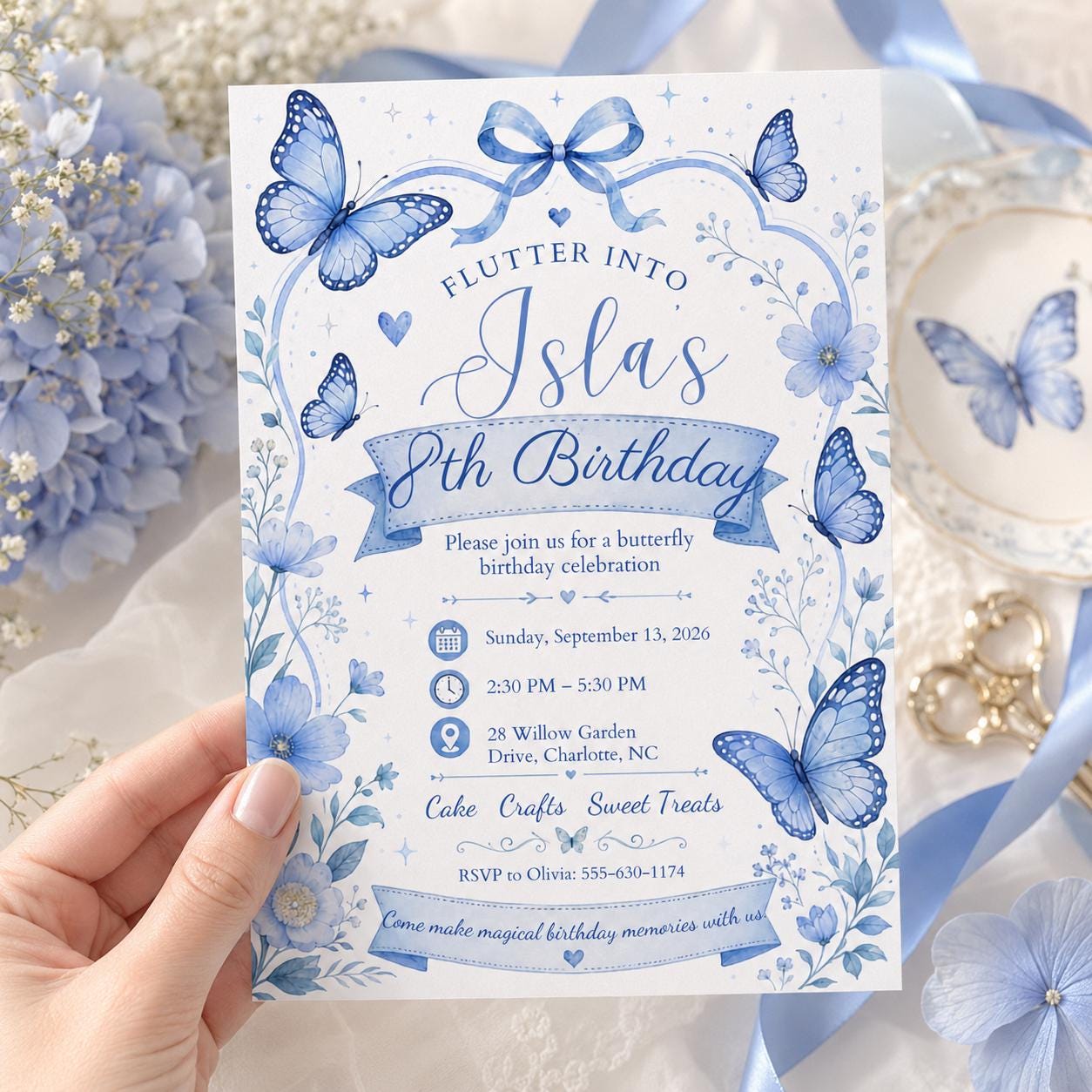 Butterfly Birthday Invitation, Blue Floral Girl 8th Party Editable Canva Template - Image 3