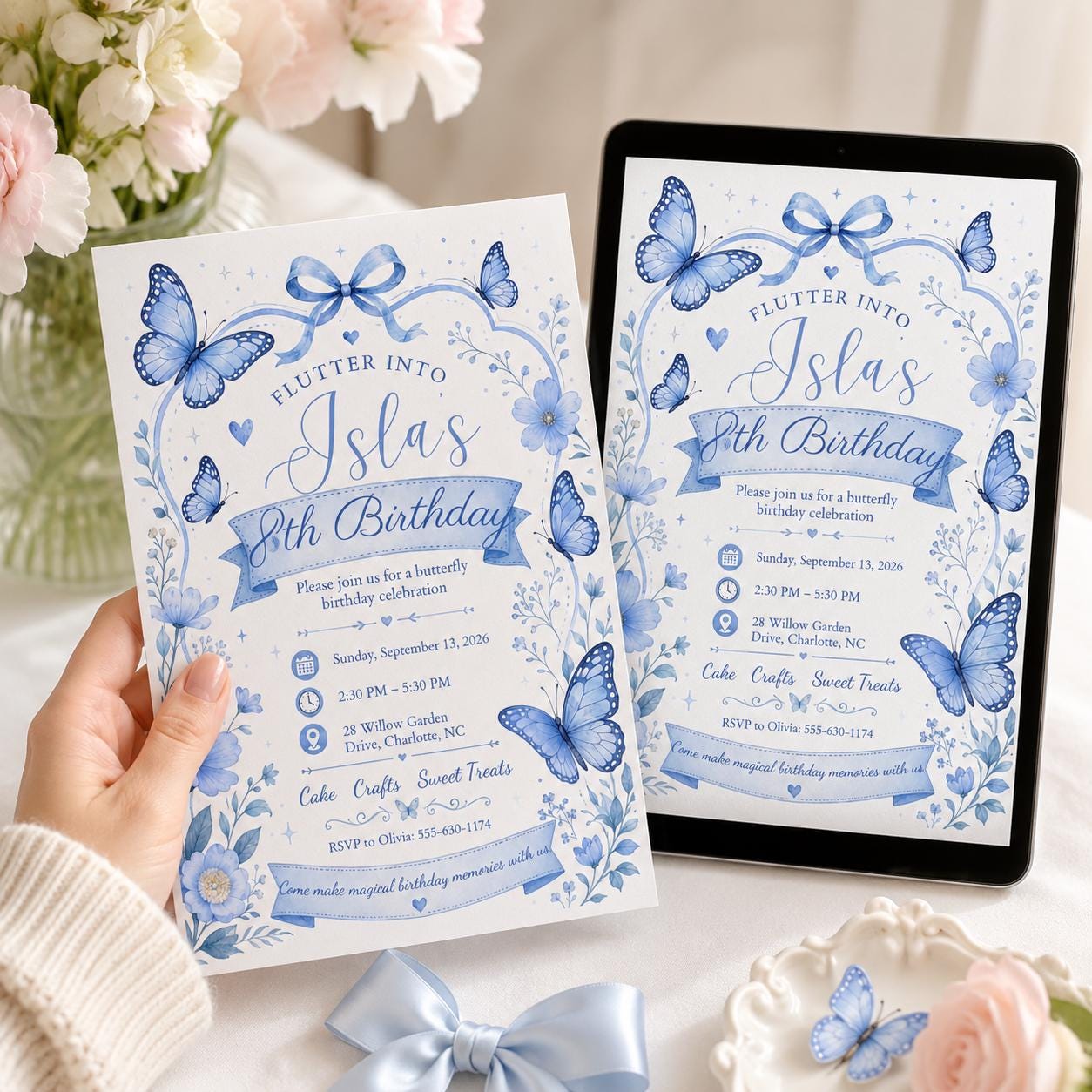 Butterfly Birthday Invitation, Blue Floral Girl 8th Party Editable Canva Template - Image 6