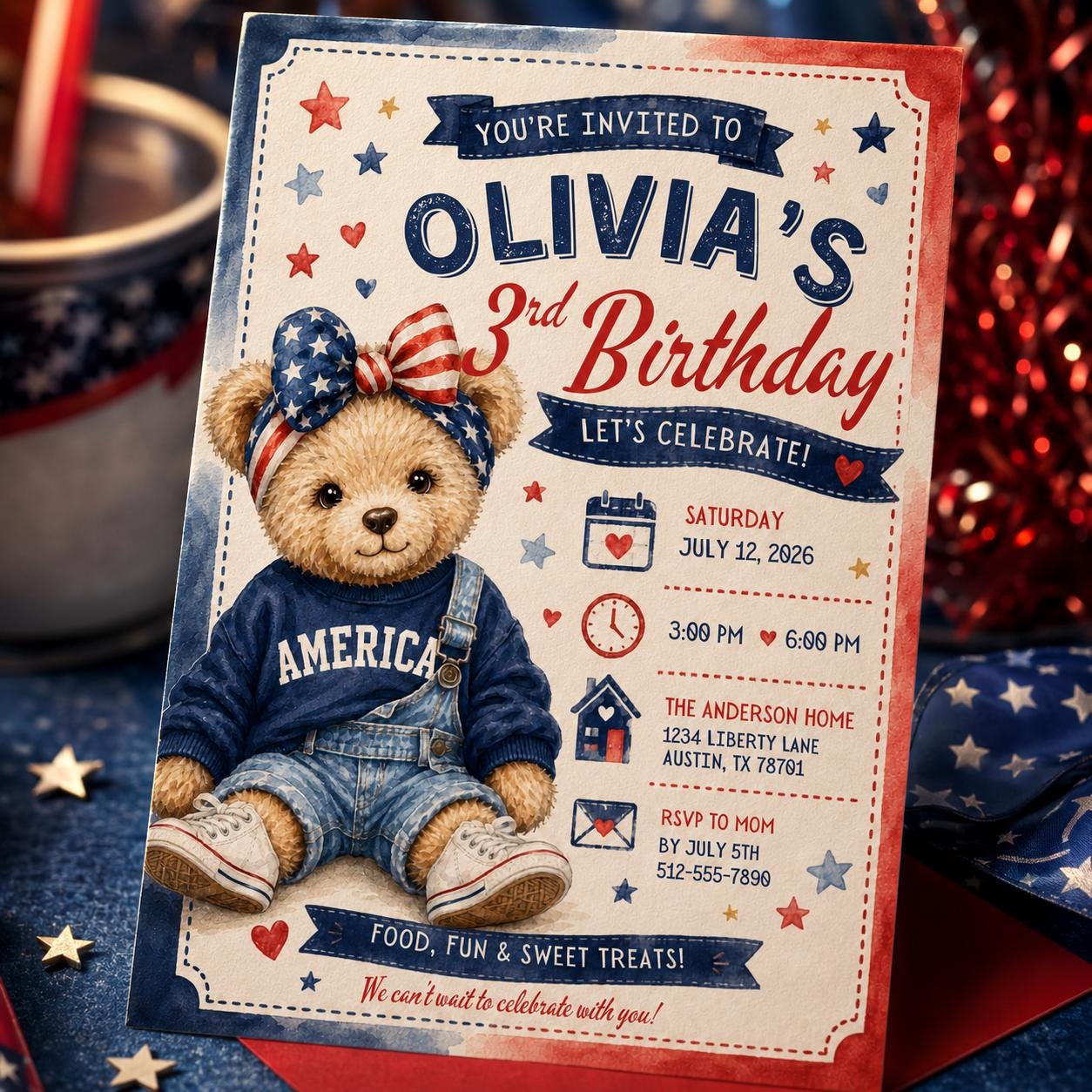 Editable Teddy Bear 3rd Birthday Invitation Template, Patriotic Birthday Invitation, All American 3rd Teddy Bear Invite Canva Template - Image 3