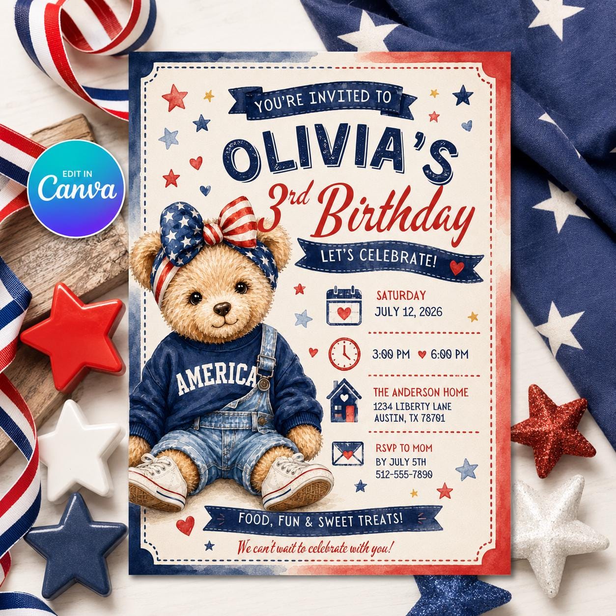 Editable Teddy Bear 3rd Birthday Invitation Template, Patriotic Birthday Invitation, All American 3rd Teddy Bear Invite Canva Template