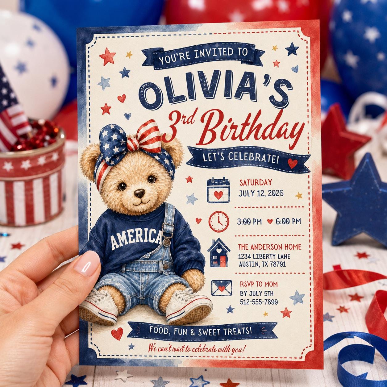 Editable Teddy Bear 3rd Birthday Invitation Template, Patriotic Birthday Invitation, All American 3rd Teddy Bear Invite Canva Template - Image 4
