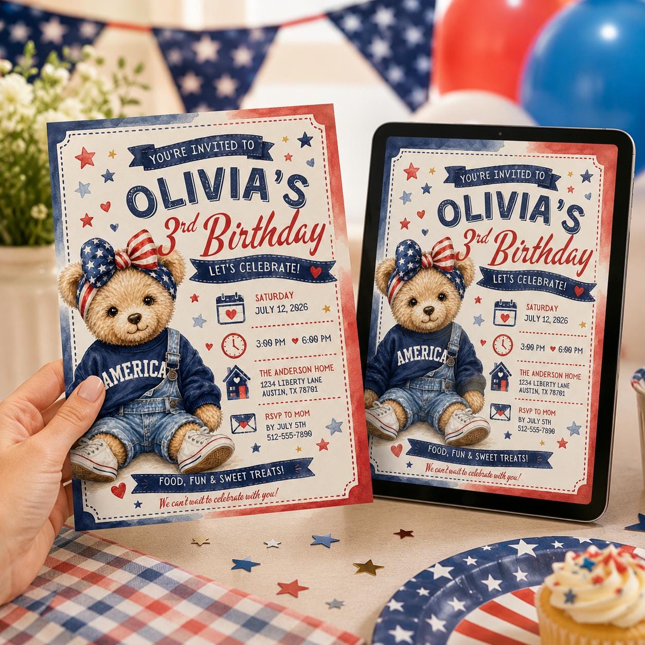Editable Teddy Bear 3rd Birthday Invitation Template, Patriotic Birthday Invitation, All American 3rd Teddy Bear Invite Canva Template - Image 6