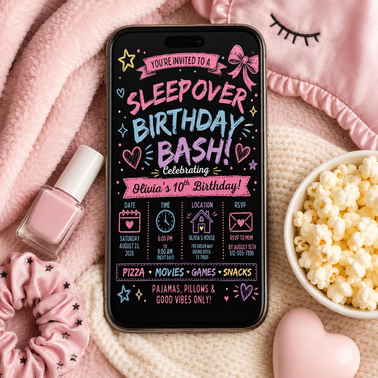 Sleepover Birthday Invitation, Pink Slumber Party Girl Editable Printable Invite Canva Template - Image 3