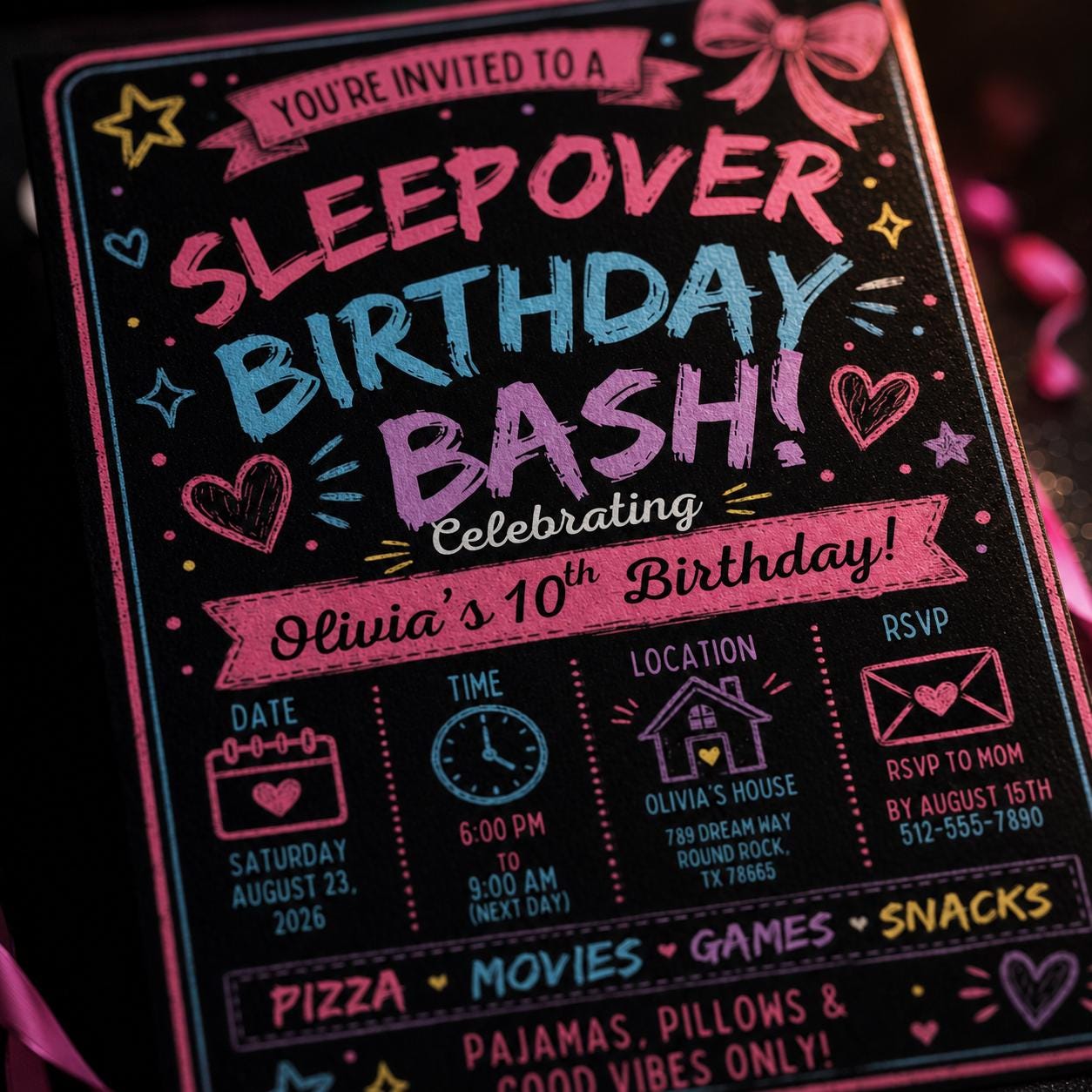 Sleepover Birthday Invitation, Pink Slumber Party Girl Editable Printable Invite Canva Template - Image 4