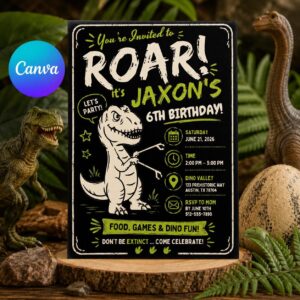 Dinosaur Birthday Invitation, Roar Boy 6th Party Editable Printable Invite Canva Template