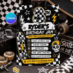 Skateboard Birthday Invitation, Checkered Skater Boy Invite Editable Canva Template