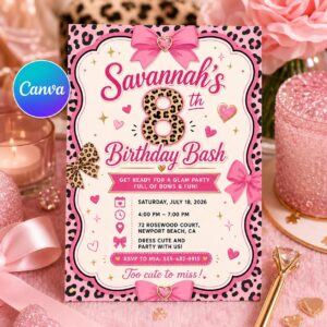 Bow Birthday Invitation, Pink Leopard 8th Girl Party Editable Printable Invite Canva Template