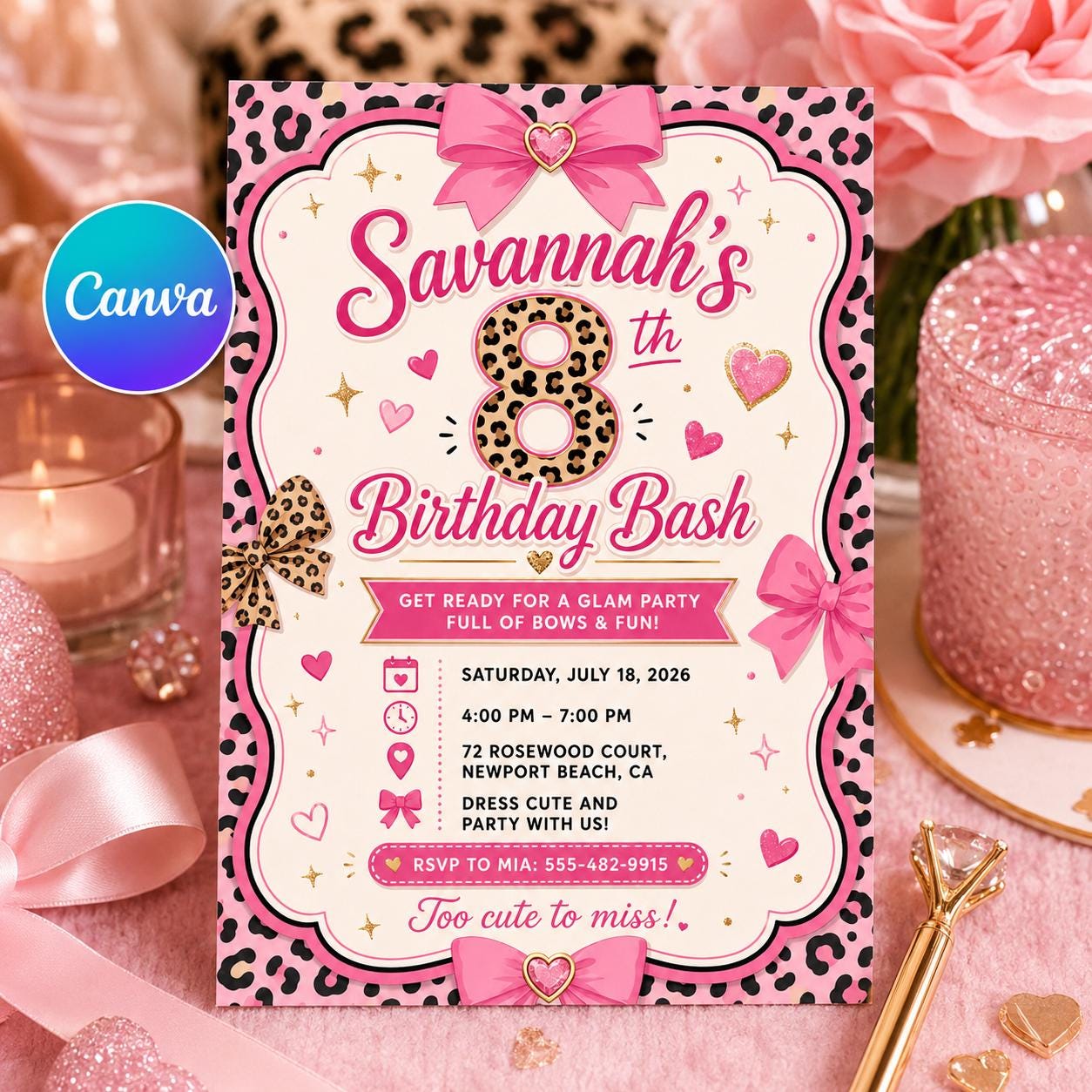 Bow Birthday Invitation, Pink Leopard 8th Girl Party Editable Printable Invite Canva Template