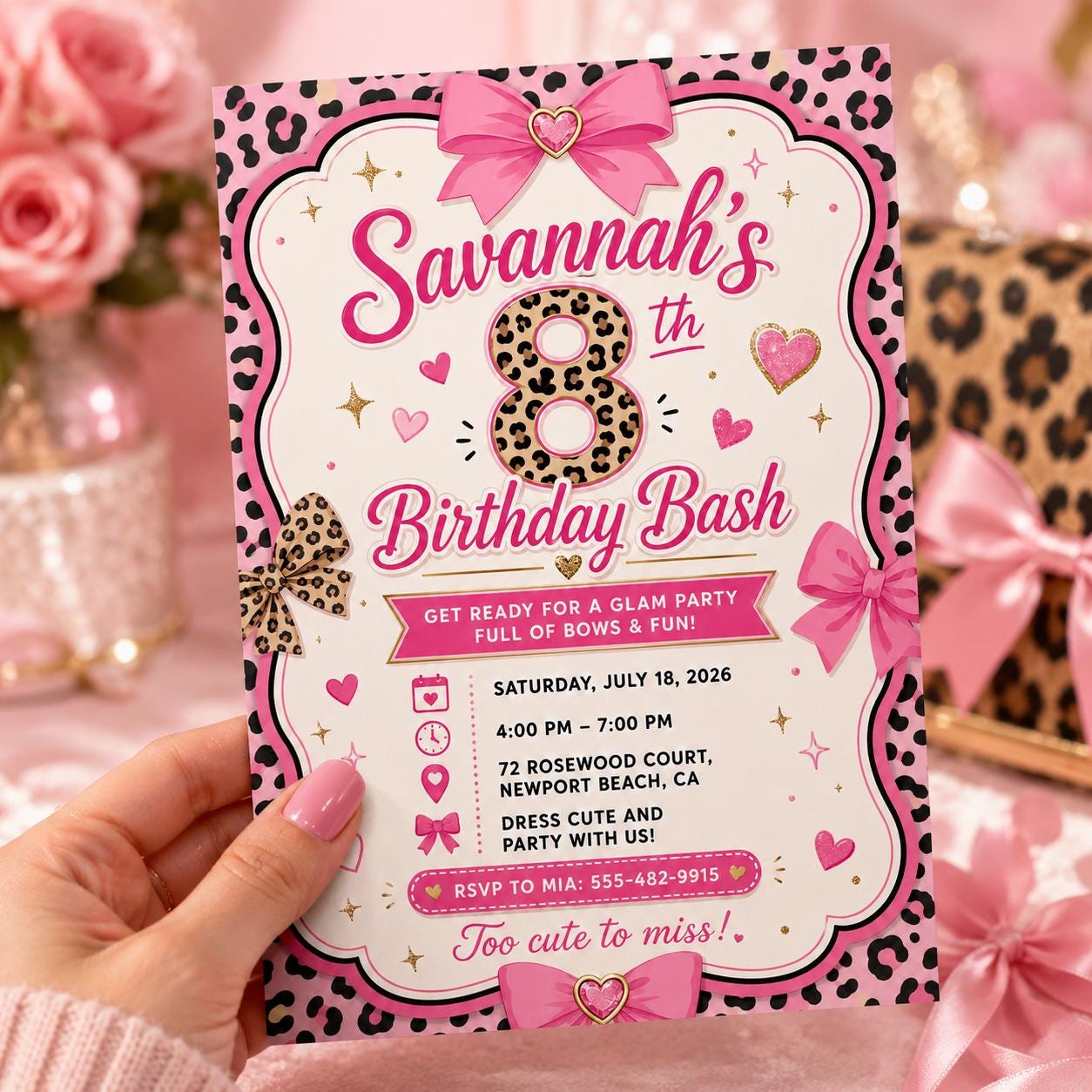 Bow Birthday Invitation, Pink Leopard 8th Girl Party Editable Printable Invite Canva Template - Image 6