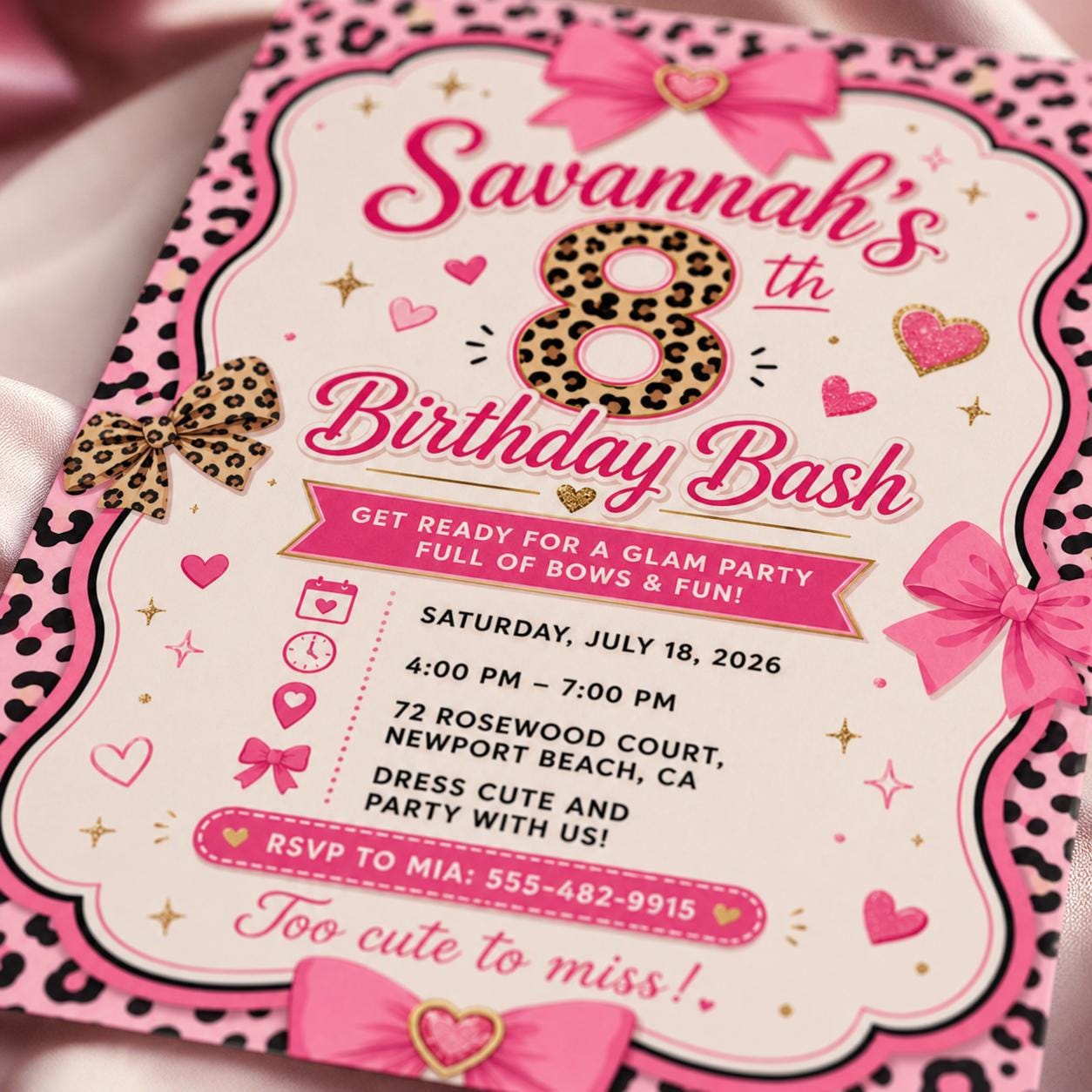 Bow Birthday Invitation, Pink Leopard 8th Girl Party Editable Printable Invite Canva Template - Image 5