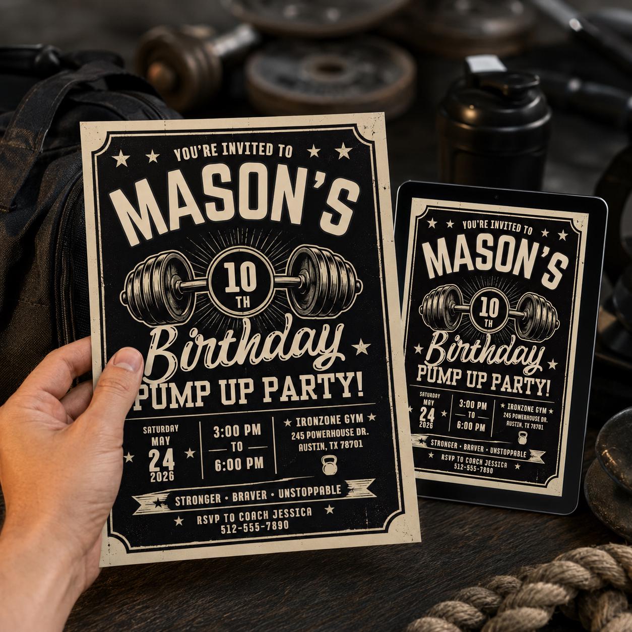 Gym Birthday Invitation, Weightlifting 10th Sports Party Editable Printable Invite Canva Template - Image 4