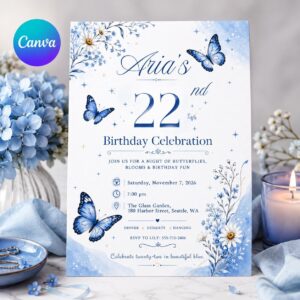 Butterfly Birthday Invitation, Blue Floral 22nd Birthday Editable Printable Invite Canva Template