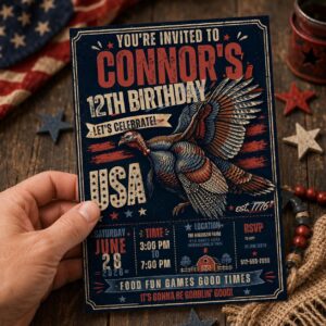 Patriotic Birthday Invitation, USA Turkey 7th Boy Party Editable Printable Invite Canva Template