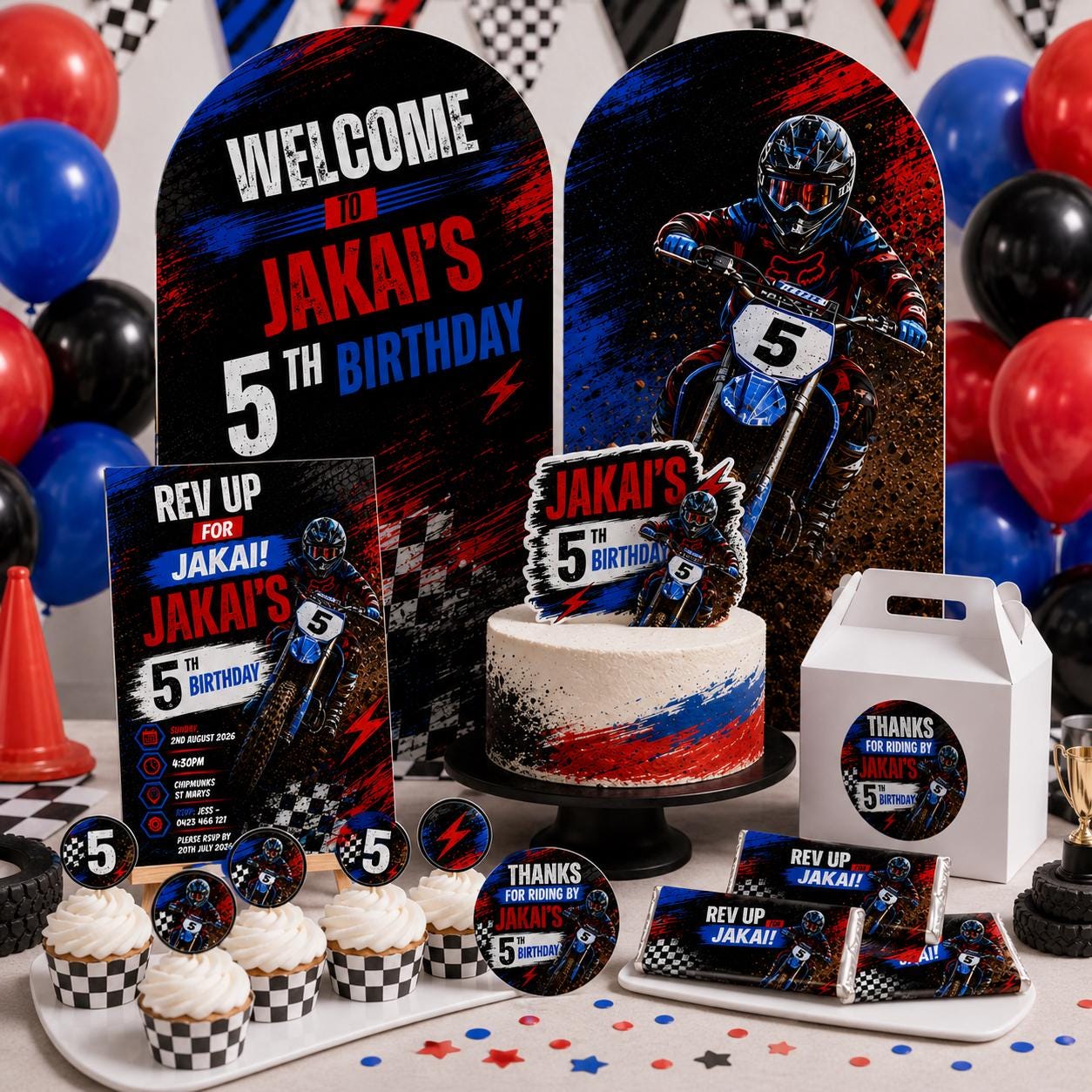 Dirt Bike Birthday Bundle, Editable Motocross Party Invitation, Welcome Sign, Backdrop, Cake & Cupcake Toppers, Canva Template - Image 3