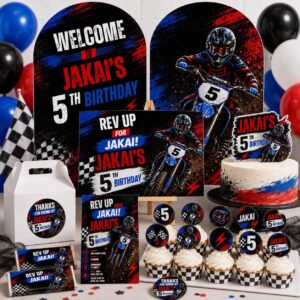 Dirt Bike Birthday Bundle, Editable Motocross Party Invitation, Welcome Sign, Backdrop, Cake & Cupcake Toppers, Canva Template