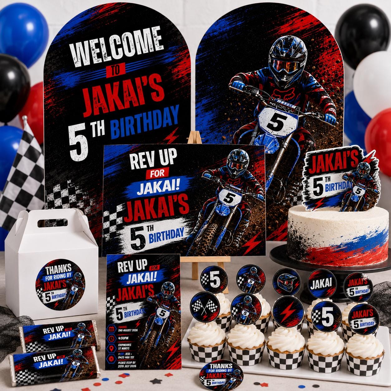 Dirt Bike Birthday Bundle, Editable Motocross Party Invitation, Welcome Sign, Backdrop, Cake & Cupcake Toppers, Canva Template