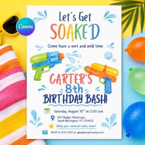 Water Gun Birthday Invitation, Let's Get Soaked 8th Birthday Party Printable Canva Template