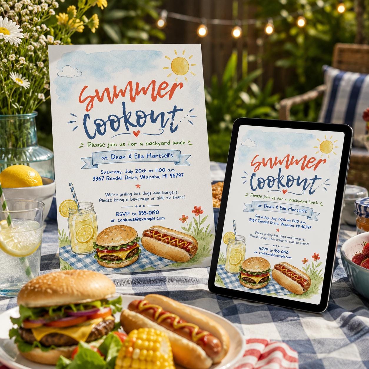 Summer Cookout Invitation, Backyard BBQ Lunch Party Invite, Watercolor Printable Canva Template - Image 3