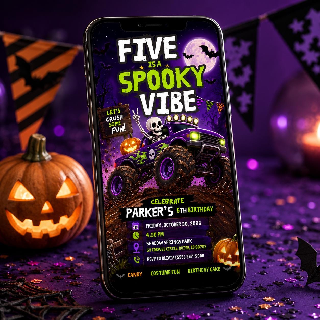 Monster Truck Birthday Invitation, Spooky Halloween 5th Birthday Boy Invite Canva Template - Image 6