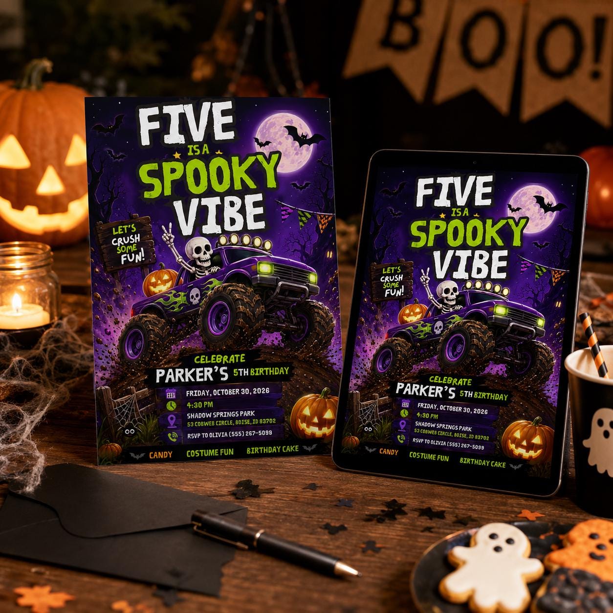 Monster Truck Birthday Invitation, Spooky Halloween 5th Birthday Boy Invite Canva Template - Image 4