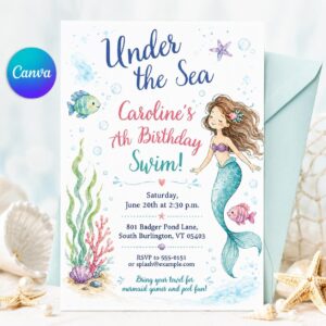Mermaid Birthday Invitation, Under the Sea Girl 7th Birthday Swim Party Canva Template