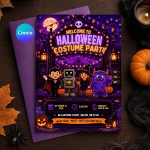 Halloween Costume Party Invitation, Cute Kids Trick or Treat Party Invite Canva Template