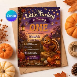 Thanksgiving Birthday Invitation, Little Turkey 1st Birthday Fall Party Canva Template