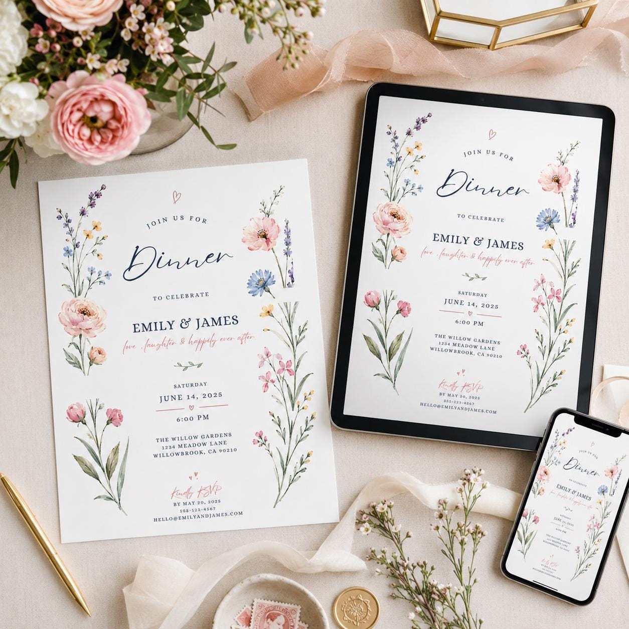 Dinner Party Invitation, Floral Watercolor Wedding Dinner Invite Printable Canva Template - Image 3