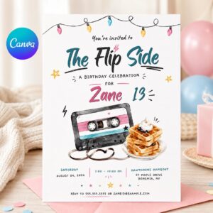 80s Birthday Invitation, Retro Flip Side Teen Party Invite, Cassette Tape Printable Canva Template