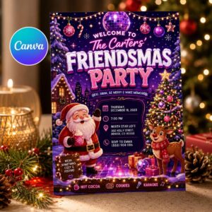 Friendsmas Party Invitation, Christmas Holiday Party Invite, Neon Pink Printable Editable Canva Template