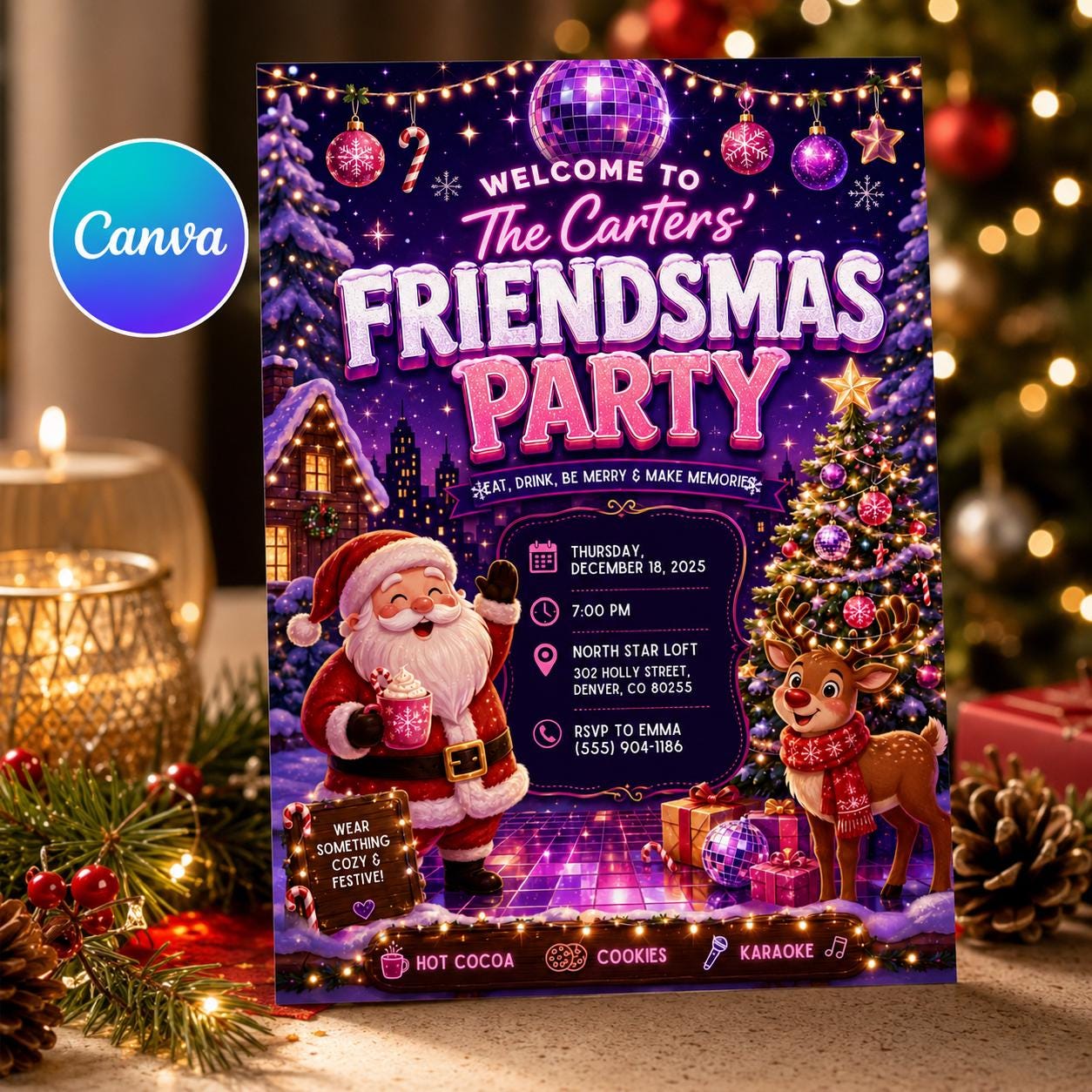 Friendsmas Party Invitation, Christmas Holiday Party Invite, Neon Pink Printable Editable Canva Template