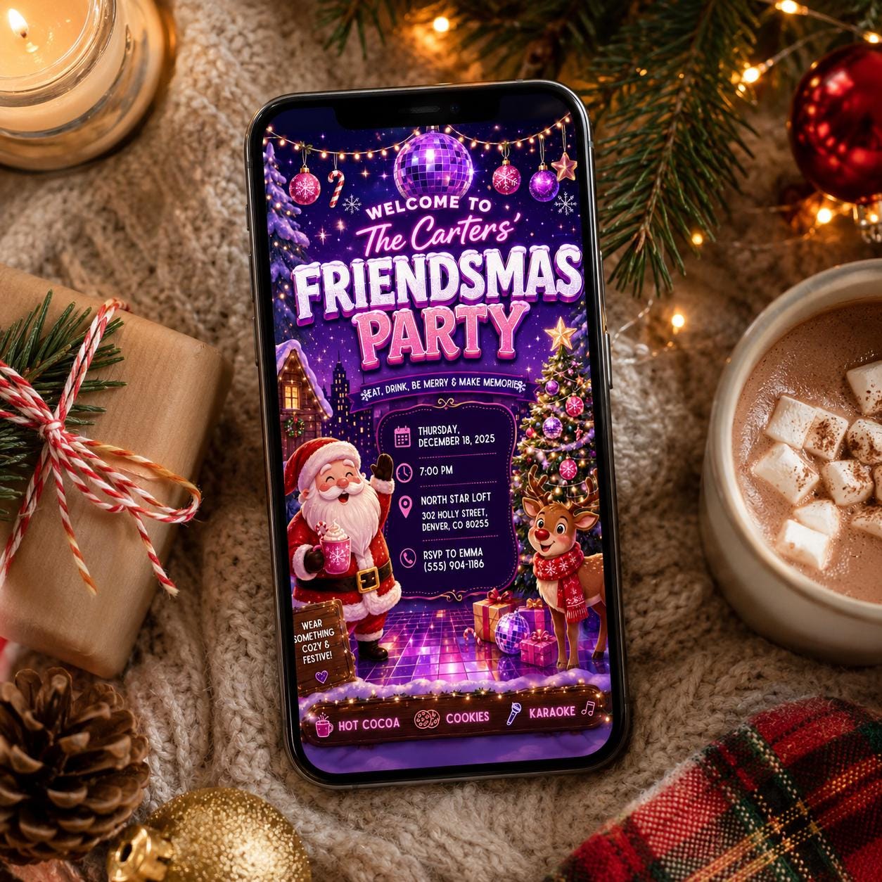 Friendsmas Party Invitation, Christmas Holiday Party Invite, Neon Pink Printable Editable Canva Template - Image 5