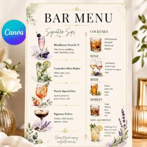 Wedding Bar Menu, Watercolor Signature Cocktails Wine Beer Editable Printable Canva Template